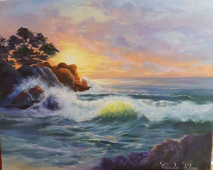 Painting titled "sunset" by Elena, Original Artwork, Oil
