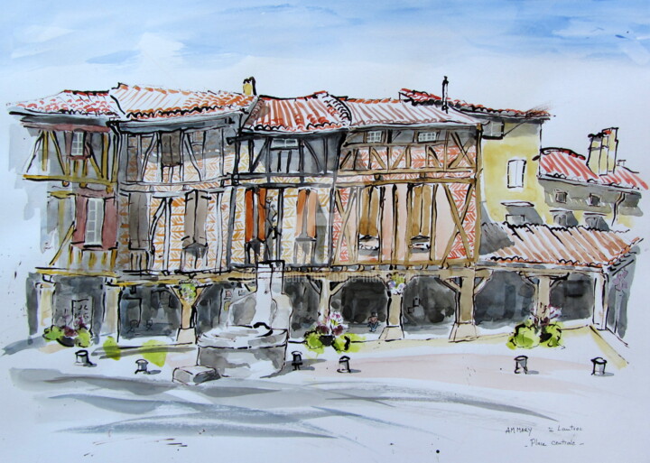 Peinture intitulée "Lautrec Place Cent…" par Anne-Marie Mary, Œuvre d'art originale, Aquarelle