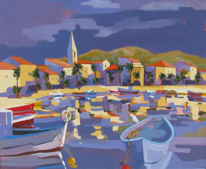 Peinture intitulée "Le port de Sanary 2" par Jean-Noël Le Junter, Œuvre d'art originale, Huile Monté sur Châssis en bois