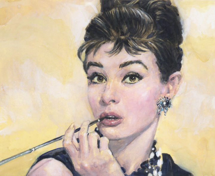 Pintura titulada "Audrey Hepburn wate…" por Felipe Echevarria, Obra de arte original, Gouache
