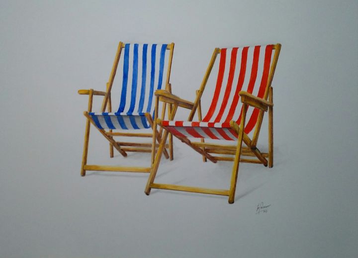 Painting titled "strandstoelen" by Ton Brouwer, Original Artwork, Watercolor