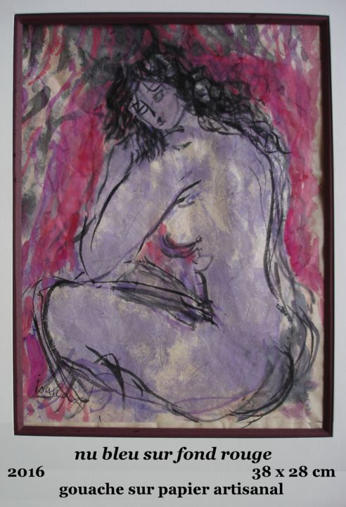 Peinture intitulée "nu bleu sur fond ro…" par Ioana, Œuvre d'art originale, Gouache