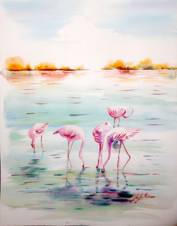 Peinture intitulée "les flamants de Pal…" par Jean-Louis Gaillard, Œuvre d'art originale, Aquarelle