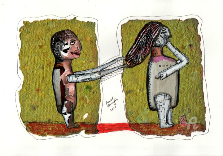 Collages intitulée "Desperate newlyweds" par Pavel Kuragin, Œuvre d'art originale, Encre