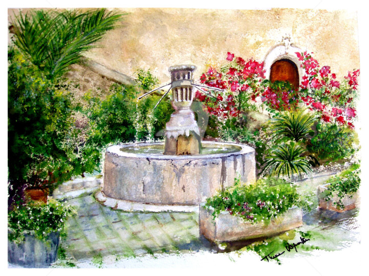 Painting titled "la Fontaine de Gour…" by Tina Verpoorten, Original Artwork, Watercolor