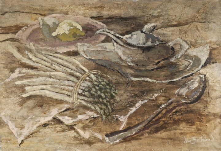 Peinture intitulée "Saucière et asperges" par Dominique Bertrand, Œuvre d'art originale, Huile