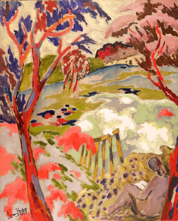 Schilderij getiteld "Lecture sous les ar…" door Dominique Bertrand, Origineel Kunstwerk, Olie