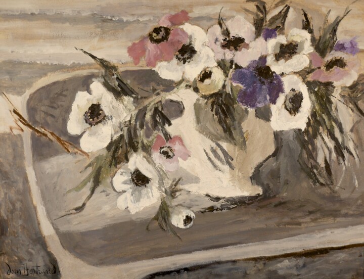 Peinture intitulée "Anémones sur fond g…" par Dominique Bertrand, Œuvre d'art originale, Huile