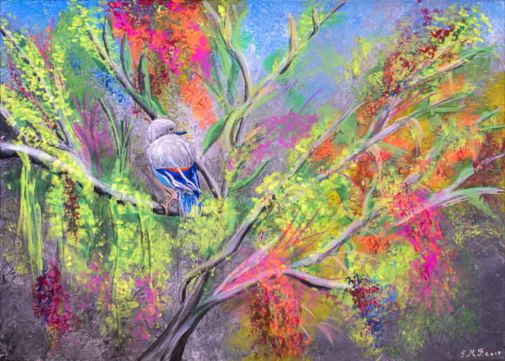 Peinture intitulée "Le geai sur l'arbre" par Emmanuelle Menny Fleuridas, Œuvre d'art originale, Acrylique