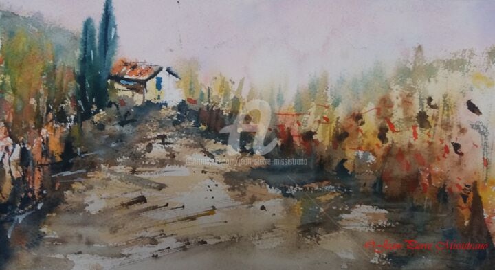 Peinture intitulée "Vignes d'Automne" par Jean-Pierre Missistrano, Œuvre d'art originale, Aquarelle