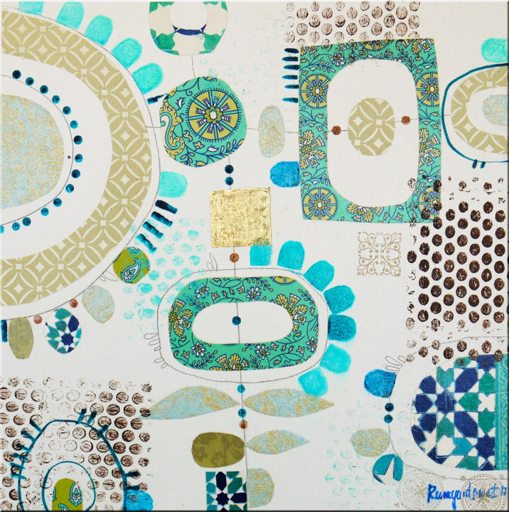 Painting titled "Aqua Teal And Gold…" by Irina Rumyantseva, Original Artwork, Acrylic