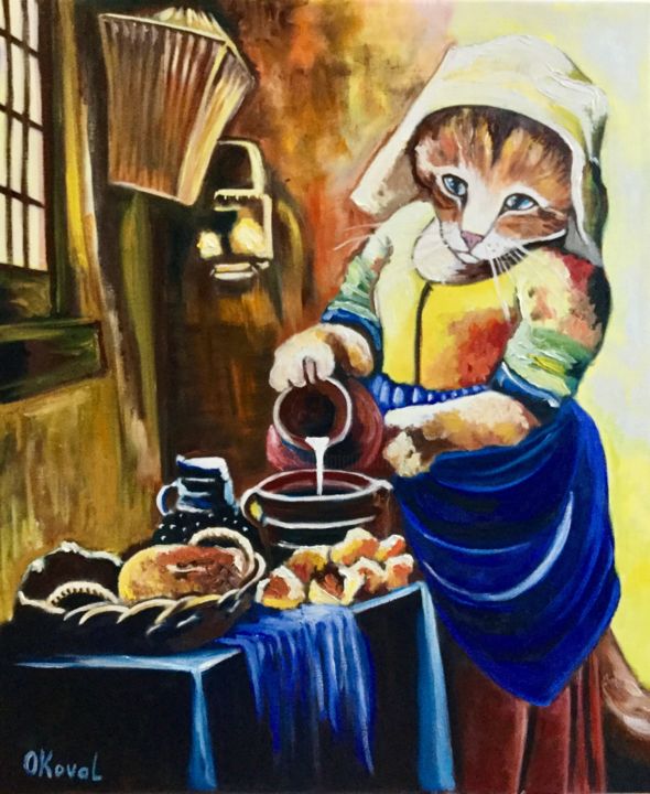 Cat with a milk jar. The milkmaid. Feline art. 绘画, 23.9x20 in