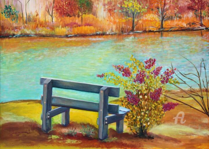 Painting titled "Eine Bank am Main" by Jadwiga Rudnicka, Original Artwork, Oil