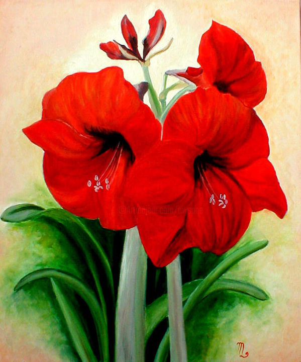 Peinture intitulée "Mes amaryllis" par Mysane, Œuvre d'art originale, Huile