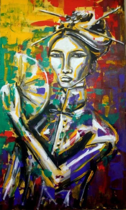 Painting titled "A GUEIXA II" by Thaís Coelho, Original Artwork, Acrylic