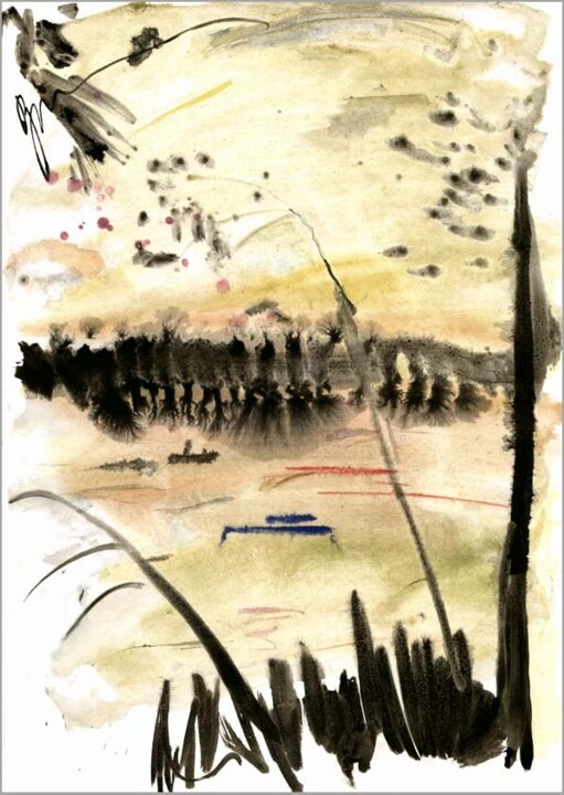 Dibujo titulada "закат на реке suns…" por Dima Dima Vil Ms Wilms (Rok Zivopisec Rock Painter), Obra de arte original, Acuar…