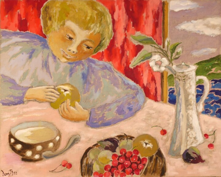 Peinture intitulée "Enfant aux fruits" par Dominique Bertrand, Œuvre d'art originale, Huile
