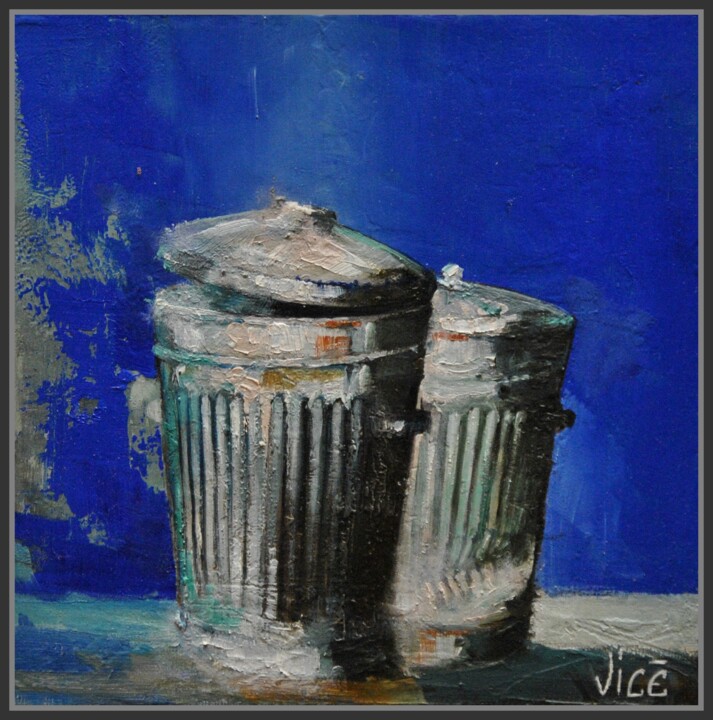Peinture intitulée "Les poubelles" par Jicé, Œuvre d'art originale, Huile Monté sur Carton