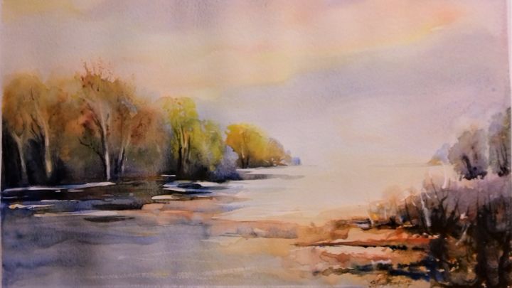 Peinture intitulée "automne-au-bord-de-…" par Pierre Feyeux, Œuvre d'art originale, Aquarelle