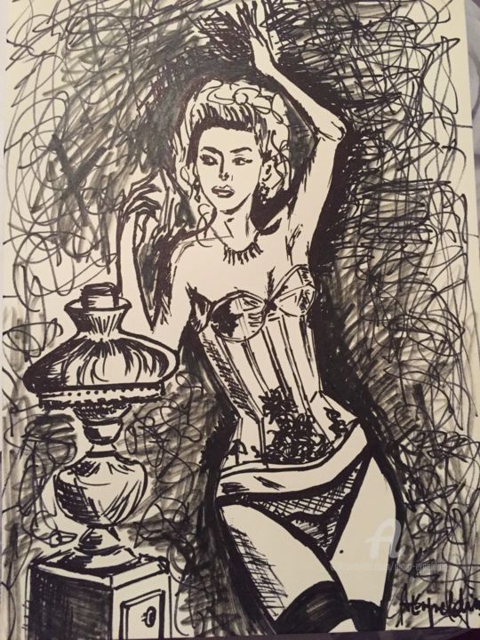 Drawing titled "Essai 1" by Alain Erpelding, Original Artwork, Ballpoint pen