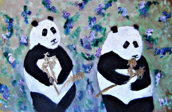 Painting titled "Pandas with Golden…" by Michela Curtis, Original Artwork, Acrylic Mounted on Other rigid panel