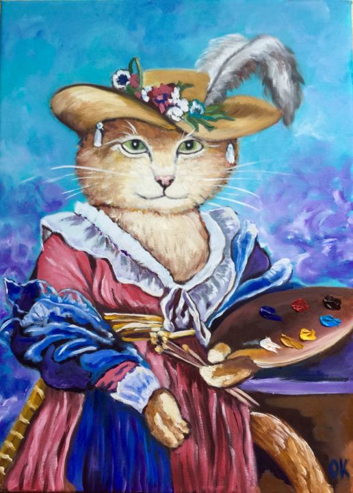 Feline artist. Smile. Painting, 21.9x15.9 in