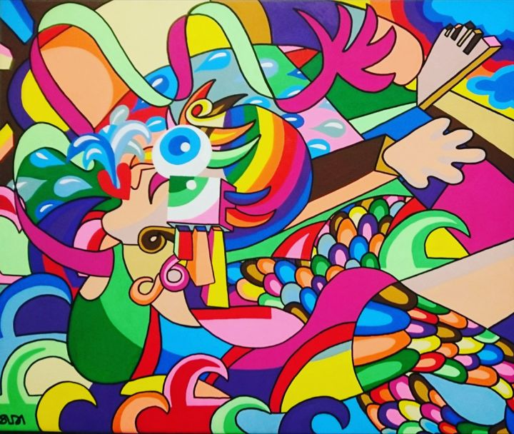 "Sirène de piscine" 绘画, 18.1x21.7 in