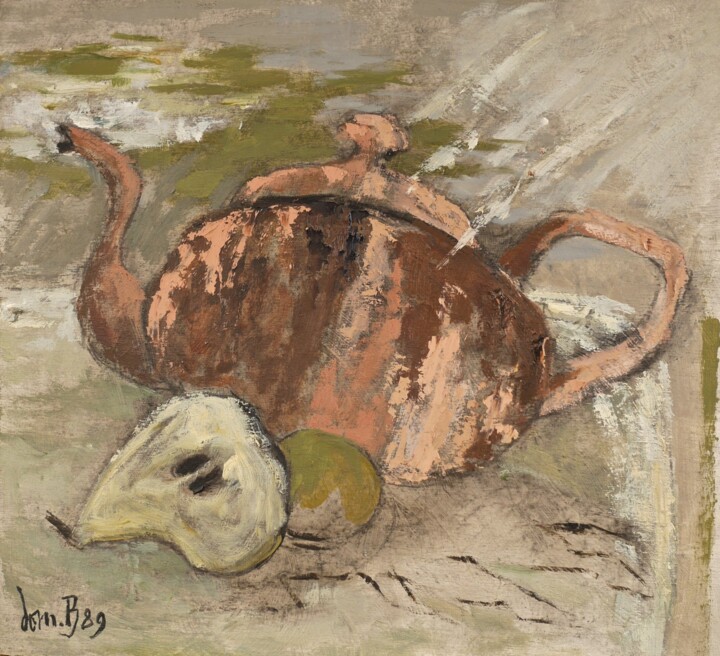 Peinture intitulée "Théière rose et poi…" par Dominique Bertrand, Œuvre d'art originale, Huile