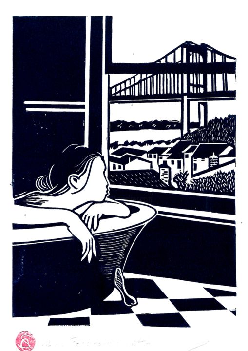 Gravures & estampes intitulée "Pont d'Aquitaine vu…" par Serge Canu, Œuvre d'art originale, Linogravures