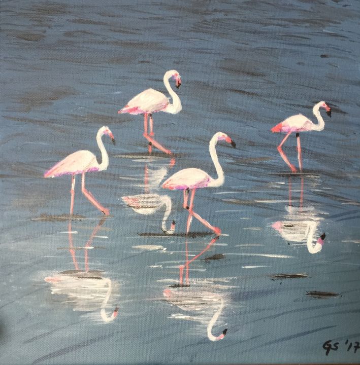 Malerei mit dem Titel "tunisian flamingos" von Gudrun Sageder, Original-Kunstwerk, Acryl