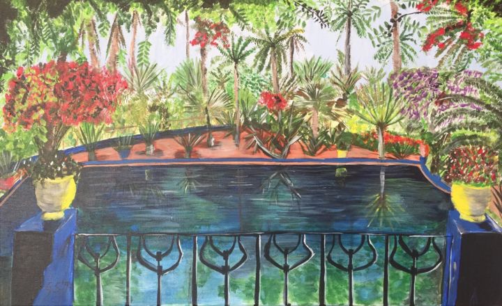 Malerei mit dem Titel "Jardin Majorelle" von Gudrun Sageder, Original-Kunstwerk, Acryl