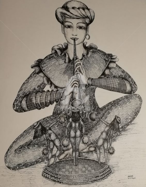 Drawing titled "La Flûte enchantée ©" by Bega, Original Artwork, Ink