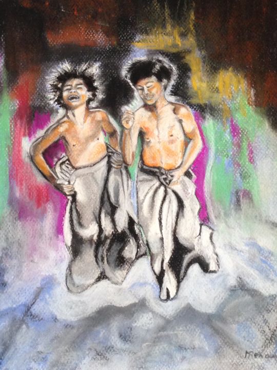 Dessin intitulée "course en sac" par Maryse Renault, Œuvre d'art originale, Pastel