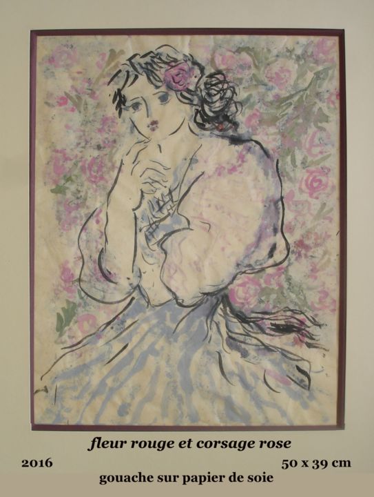 Peinture intitulée "fleur rouge et cors…" par Ioana, Œuvre d'art originale, Gouache