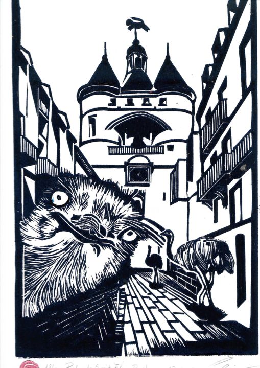 Gravures & estampes intitulée "Porte Saint Eloi -…" par Serge Canu, Œuvre d'art originale, Linogravures
