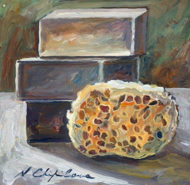 Painting titled "savons et eponge" by Nathalia Chipilova, Original Artwork, Acrylic