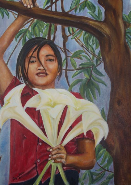 Painting titled "L ENFANT ET LES FLE…" by Régine Peltier, Original Artwork, Oil Mounted on Wood Stretcher frame