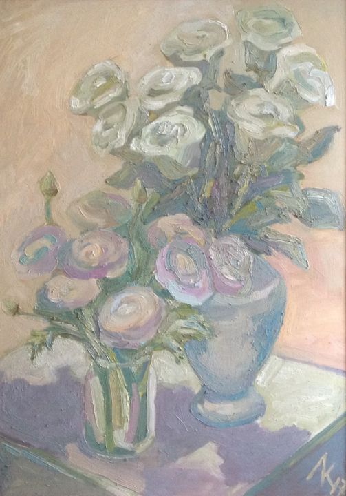 Pintura titulada "Натюрморт с белыми…" por Larisa Kucherenko, Obra de arte original, Oleo