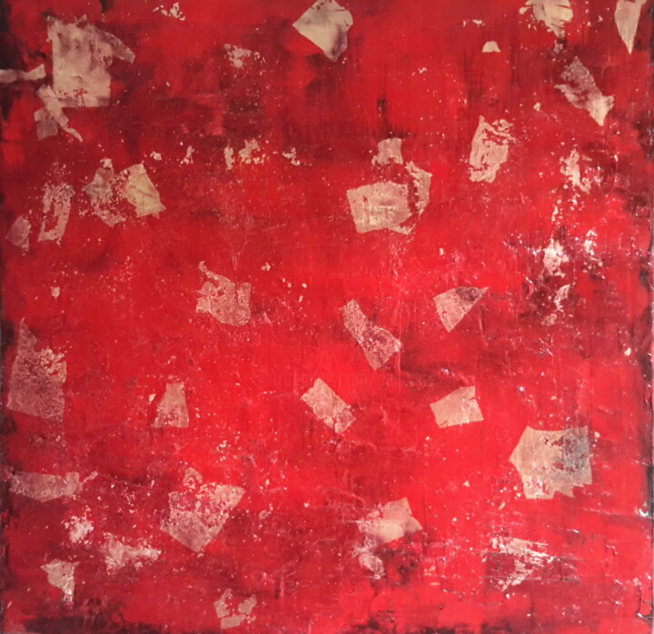 Feuilles de cuivre sur fond rouge garance . 绘画, 31.5x31.5 in