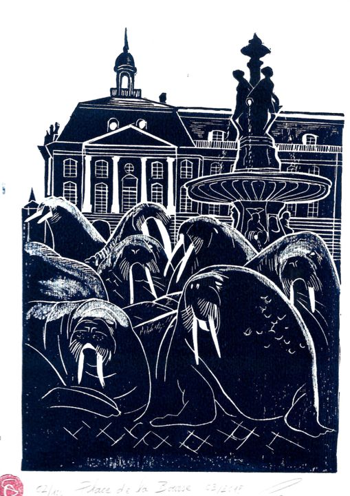 Gravures & estampes intitulée "Place de la bourse…" par Serge Canu, Œuvre d'art originale, Linogravures