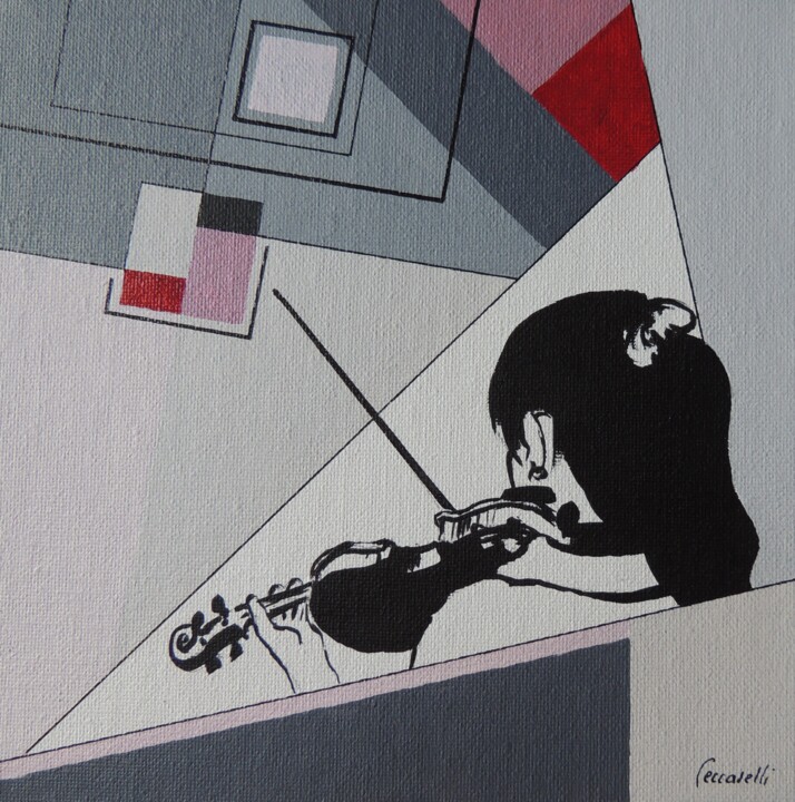 violoniste, acrylique, composition géométrique 绘画, 7.9x7.9 in