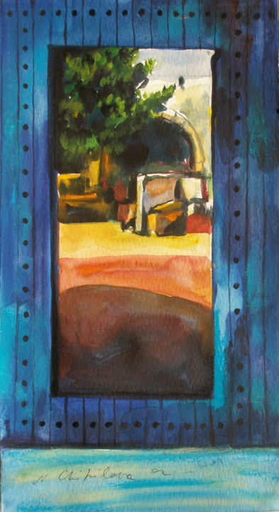 Painting titled "La cours" by Nathalia Chipilova, Original Artwork, Watercolor Mounted on Cardboard