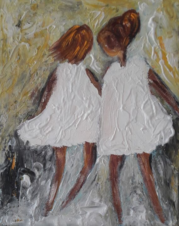 Les 2 petites filles 绘画, 13x9.5 in