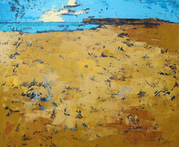 Painting titled "Ochre Beach (1178-1…" by Saroja Van Der Stegen, Original Artwork, Oil Mounted on Wood Stretcher frame
