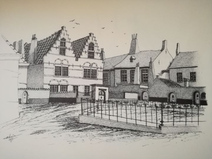 Dessin intitulée "Begijnhof Kortrijk" par Edwin, Œuvre d'art originale, Encre