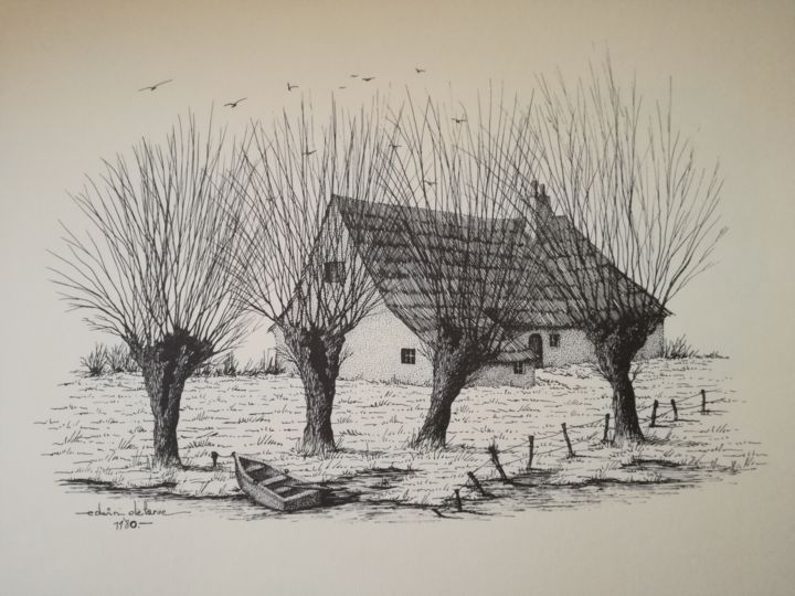 Dessin intitulée "Treurwilgen aan de…" par Edwin, Œuvre d'art originale, Encre