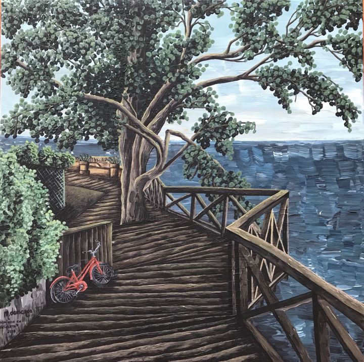 “DOMINGO EN BICICLETA” 绘画, 23.6x23.6 in