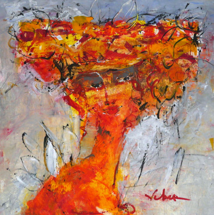 Painting titled "Angel of Fire" by Oksana Veber, Original Artwork, Acrylic Mounted on Wood Stretcher frame