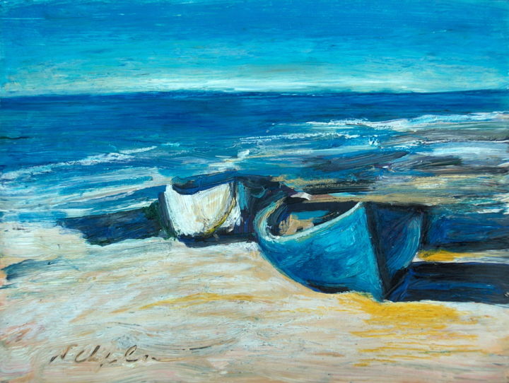 Painting titled "Barques de pêche 1" by Nathalia Chipilova, Original Artwork, Acrylic