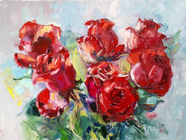 Designart PT13812-36-28-3P Red Rose with Raindrops on
